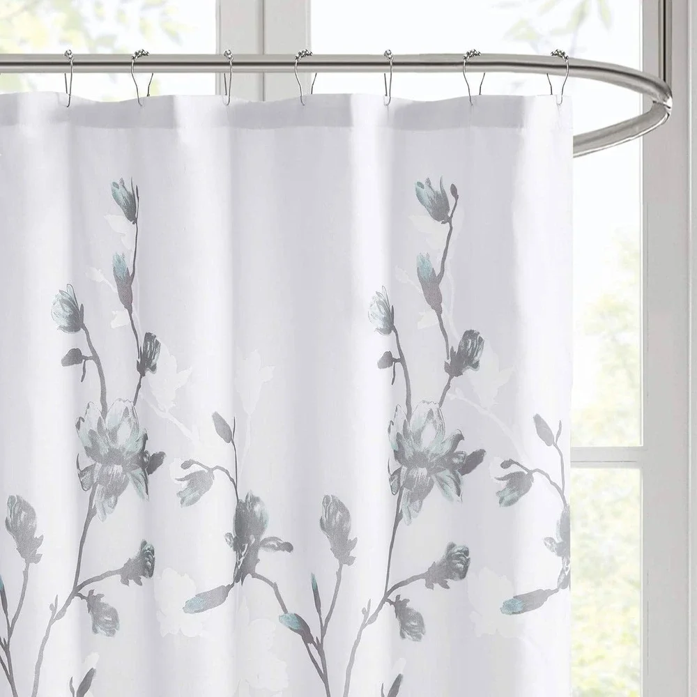 Floral Magnolia Branch Shower Curtain White Grey Teal 72x72 Fabric Botanical